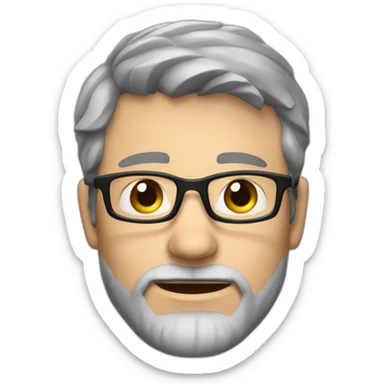 Caucasian man 40. brown eyes. short hair and short gray beard. disheveled. black glasses sticker