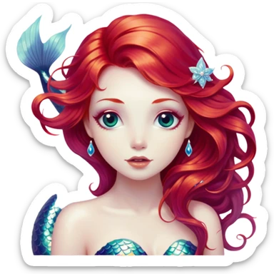 Cinematic Realistic Red Hair Mermaid Portrait, depicted with lifelike porcelain white skin that glows with an ethereal radiance, enhanced by soft underwater lighting. Her intricately detailed, flowing red hair cascades like liquid fire, framing deep, soulful eyes that mirror the mysteries of the deep sea. Accented by shimmering, iridescent scales and delicate aquatic embellishments, the portrait features an enchanting underwater glow that marries realism with mythic ocean elegance. sticker