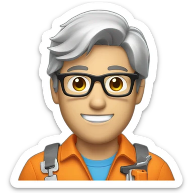 a guy with brown hair, square glasses, an orange repairman's suit, blue eyes, with a chainsaw sticker