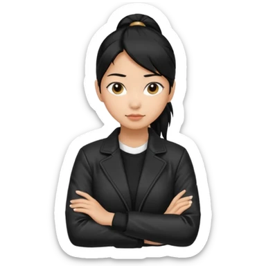 A girl with a pony tail black hair and Asian tan skin, Asian eyes, with a black jacket and a black purse with arms crossed  sticker