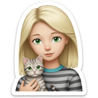 Blonde girl with blue eyes cuddling with light grey tabby cat with dark grey stripes and green eyes sticker