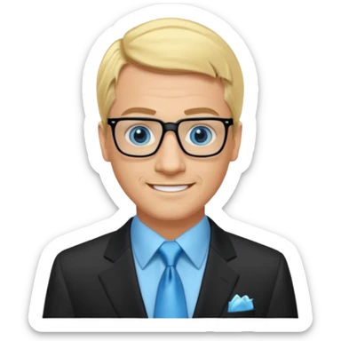 David Carlton from Ali G Indahouse with blue eyes, blonde hair, icy blue dress shirt with black tie, black suit jacket sticker