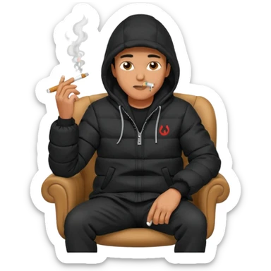 A man sitting on a chair, wearing a black puffed coat with hood, hands in his pocket, smoking a cigaret, he is on a chair i sticker
