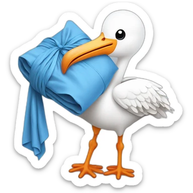 White stork carrying a blue bundle of cloth in its beak that has a human baby with and the human baby head is peeking from the fabric bundle the strok is carrying with its beak sticker