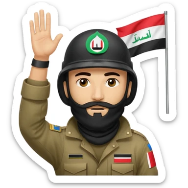 surrenders, depicts an Iraqi soldier from 1980, with a beard, in a helmet, a helmet with sign flag Iraq, with a balaclava, with sad eyes and both hands raised up sticker