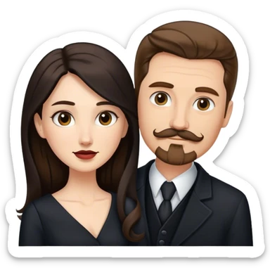 tall white man with brown hair goatee mustache embracing a pale woman with long black hair, wearing elegant clothing, standing portrait sticker