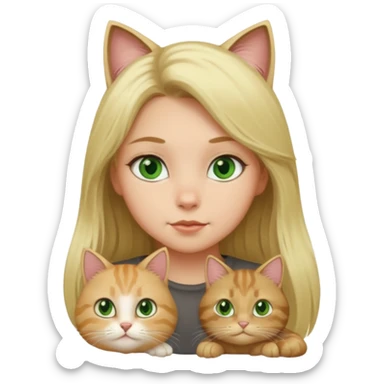 blonde girl with long blonde hair with tabby brown cat with green eyes and chubby gray cat with big green eyes sticker
