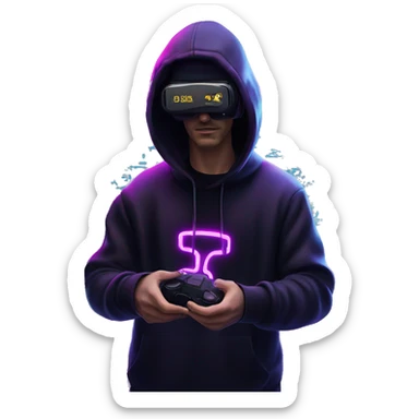 Russian man wearing a black hoodie with "OMG" letters on it and VR headset in a cyberpunk VR environment with violet neon lighting. sticker