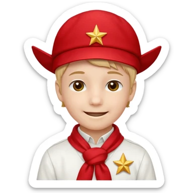 A Soviet pioneer emoji — smiling young boy wearing a bright red tie (pioneer neckerchief) and a red pilotka cap with a small gold star badge. White shirt, neat and cheerful, minimal flat emoji style, simple colors, clear outlines, professional emoji design. sticker
