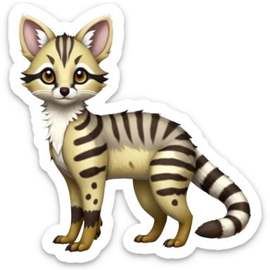 Cute elegant hyper-realistic lifelike furry Civet-Genet-Possum-Serval-Cheetah-Clouded-Leopard-Caracal-Sergal-Trico-Numbat-Furret-fusion-Fakemon-hybrid-creature (full body) with long tufted ears and a striped tufted tail  sticker