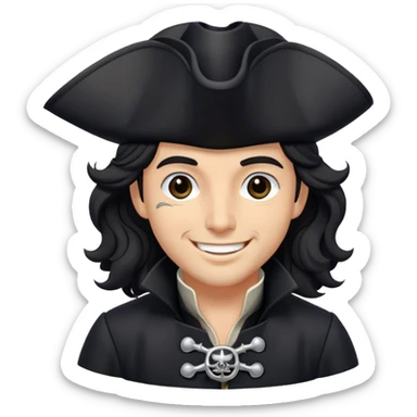 A charismatic pirate with wavy black hair, wearing a black tricorn hat and a sleek black coat with silver buttons, smiling confidently. sticker