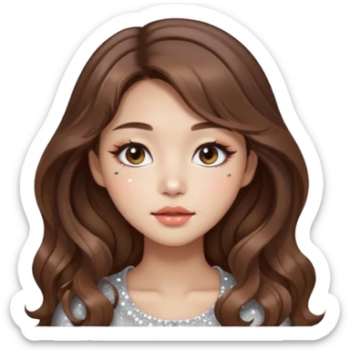 “korean brown hair Emoji girl, soft eyeliner, gradient lips, light brown shimmer eyeshadow, sparkly aegyo-sal, long wavy hair,  sticker