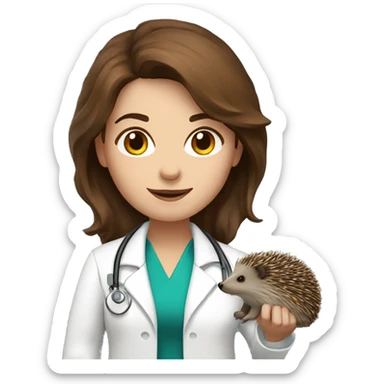 A female doctor with brown hair in a white coat with a hedgehog on her shoulder sticker
