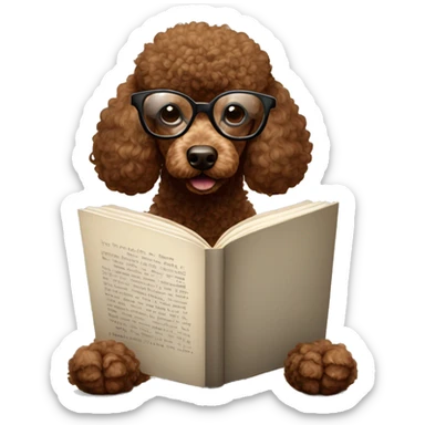 Brown poodle with wire rim glasses reading a book sticker