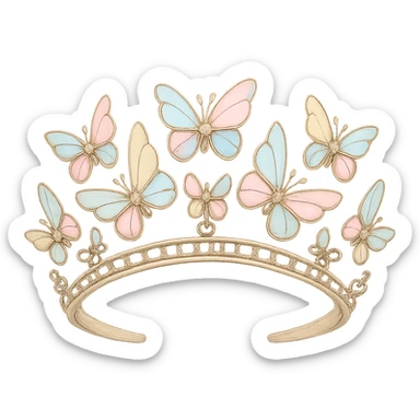 butterfly crown with a pastel rainbow base, butterflies in soft pastel enamel, sparkling gems, transparent background sticker