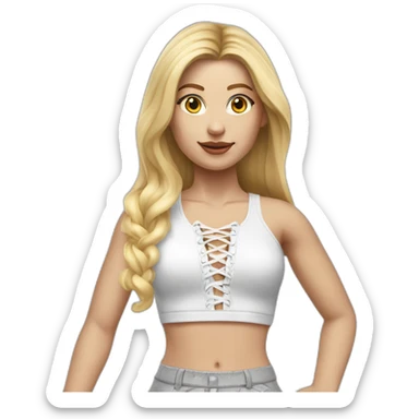 hyperrealistic caucasian female, long straight blonde hair, white lace up crop top, grey tight mini skirt sticker