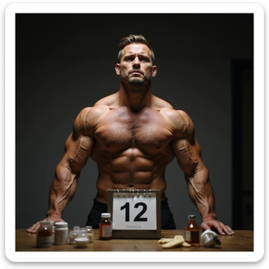 realistic muscular bodybuilder man with dry and defined muscles, concentrated expression, table with supplements and vials, calendar with 12 months behind, dimly lit gym background with intense lighting, face marked by fatigue sticker