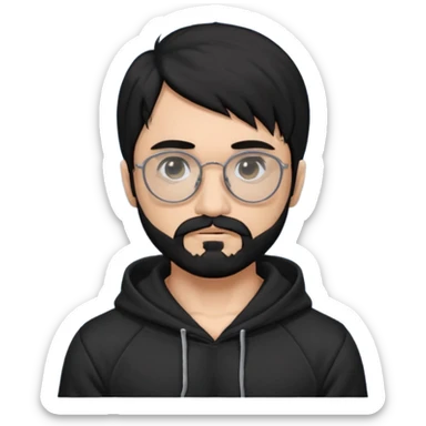 Man, hispanic skin, black hair, black beard, black mustache black eyes black t hoodie, small nose, long emo hair, muscular , round glasses sticker
