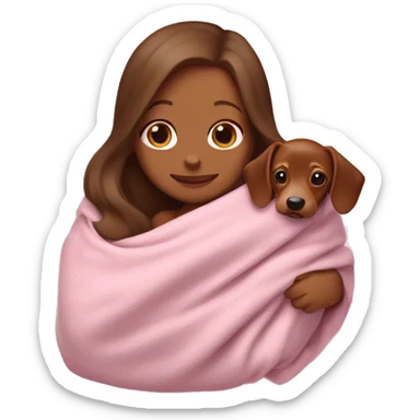 a white woman with long brown hair is cradling her puppy in a pink baby blanket. the puppy is a brown dachshund dog. the woman is smiling with mouth ajar. you can see the woman cradling the puppy like a baby from her waist up.  sticker