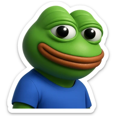 pepe in
- 3d style
- bright green
- blue shirt
- smiling
- looking straight at the camera
- good highlights and shadows
- 30deg angled towards the left sticker