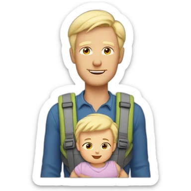 Older blonde man wearing a baby in a baby carrier with broad shoulders and short scruffy hair and babies head just visible sticker