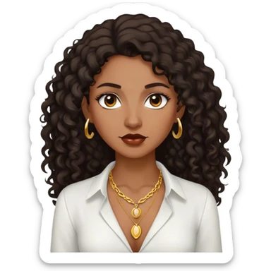 Dark Brown woman with dark curly long hair white dress shirt with gold small necklace no earrings sticker