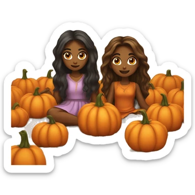 two brown skinned girls with long hair dressed up as pumpkins crawling on the floor sticker