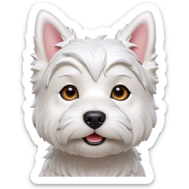 Cinematic Cute West Highland White Terrier Portrait Emoji, Head tilted playfully and inquisitively, featuring a fluffy, immaculate white coat with perky ears, round, sparkling dark eyes filled with curiosity, Simplified yet irresistibly adorable features, highly detailed, glowing with a warm, friendly glow, high shine, affectionate and lively, stylized with a touch of whimsy, bright and endearing, soft glowing outline, capturing the essence of a mischievous yet loving pup, so playful it feels like it could bound out of the screen and into your arms! sticker