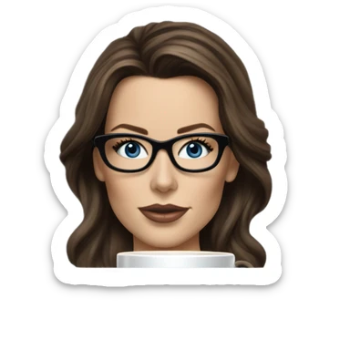 Hyper Realistic Kate Beckinsale dark blue eyes wearing glasses drinking coffee at a laptop  sticker