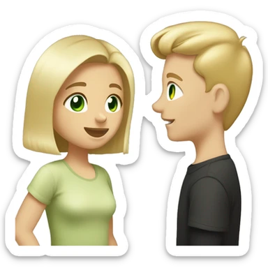 boy and girl with dirty-blond hair and light green eyes. Boy is wearing light khaki t shirt. He has a short mustache and fresh haircut. Girl is wearing off shoulders black top. They are looking at each other lovingly. Boy is taller than girl. sticker