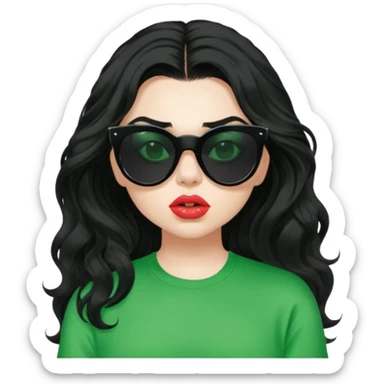current charli xcx with her long black wavy hair, thick black-out sunglasses that hide her eyes completely, pale skin, pouting closed lips, and a bright green top that said 'brat' in the brat font. sticker