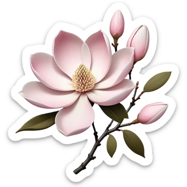 Japanese style Magnolia kobus (kobushi) flower in ukiyo-e inspired design, elegant white petals with subtle pink tinge, bare branches, traditional composition like Japanese woodblock prints sticker