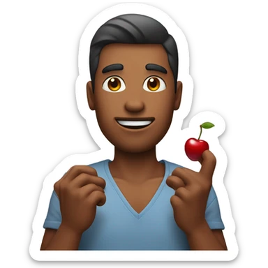 A guy eating two cherries that look like skin sticker