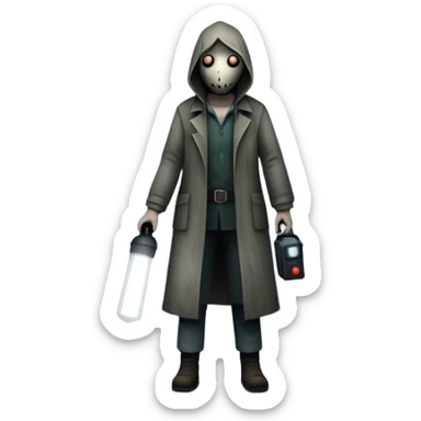 An icon depicting a dark, foggy street with eerie, abandoned buildings, inspired by Silent Hill 2. The design features a mysterious figure holding a flashlight, casting long shadows. A chilling atmosphere is created by dim lighting and unsettling details. Transparent background. sticker