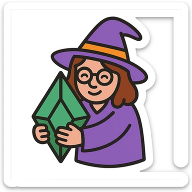 witch with brown hair and glasses hugging a Plumbob, color outline icon style, playful and friendly sticker