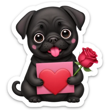 black pug holding valentine’s day card and flowers sticker