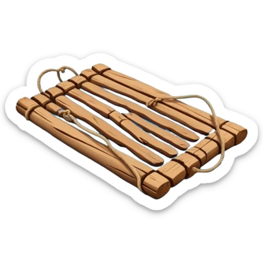 showing a simple wooden raft floating on calm blue water — made of several brown logs tied together with rope — gentle ripples around it — bright, cheerful lighting and soft shadows — minimalist, clean emoji design sticker