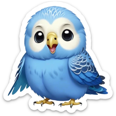 Cinematic Cute Yawning Blue Budgie Portrait Emoji, Head tilted slightly with a dramatic, wide-open yawn, showcasing a soft, downy blue feathered fur with gently drooping wings, round dark eyes barely open in drowsy contentment, Simplified yet irresistibly adorable features, highly detailed, glowing with a soft, cozy glow, high shine, relaxed yet expressive, stylized with a touch of whimsy, bright and endearing, soft glowing outline, capturing the essence of a sleepy yet affectionate budgie, so drowsy it feels like it could stretch out of the screen and curl up for a nap! sticker