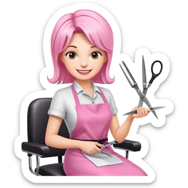 happy woman client in pink apron sitting in salon chair, female hairstylist smiling behind her with scissors sticker