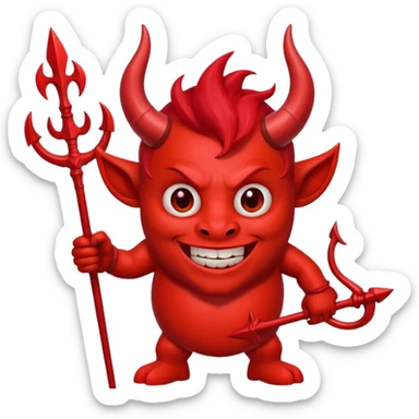 Red devil with horns and trident, grinning mischievous sticker