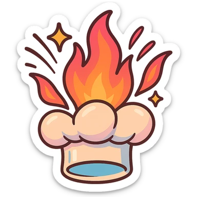 chef's hat explode with trails of fires, toon, playful, magic flame neon orange to neon pink gradient, vibrant, flame matching style reference file sticker
