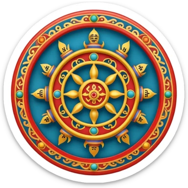Tibetan Wheel of Life (Bhavachakra) emoji, traditional Tibetan art style, wheel held by Yama lord of death, intricate details and symbolic figures, vibrant yet clear emoji sticker