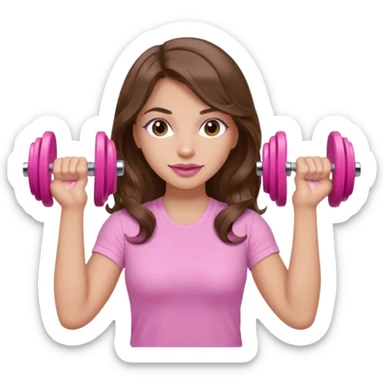 girl with wavy long brown hair, brown eyes, light to medium complexion, long lashes, light pink lipstick, wearing light pink shirt, lifting a pink dumbells sticker