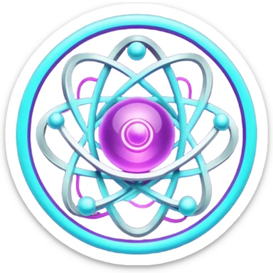 futuristic minimalistic logo icon, glowing atom core with orbiting energy rings, neon purple (#8B5CF6) and cyan (#00E0FF) glow, representing Atom team creativity and innovation, dark background, clean tech design, no face, 1:1 aspect ratio sticker