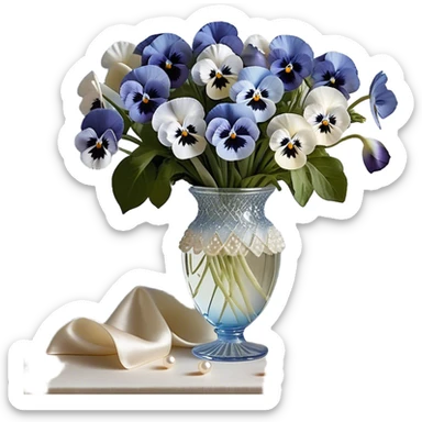 A carefully arranged still life featuring a crystal vase filled with an enchanting mix of soft blue and creamy white pansies, their petals unfolding like miniature works of art. A string of pearls is casually draped beside the vase, reflecting a subtle iridescence under candlelight. The backdrop is a hand-painted silk fabric in gentle shades of pearl and ivory, its smooth texture enhancing the refined beauty of the floral display sticker