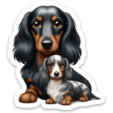 Long-haired black merle dachshund with small one  sticker