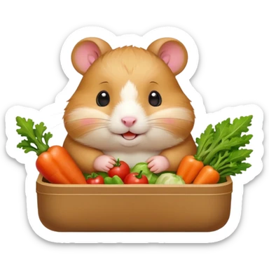 Cute chubby cartoon-style hamster holding a small bento box filled with vegetables, smiling proudly. Soft painterly shading, white background, sticker-style illustration sticker