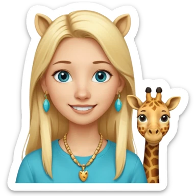 Swedish girl blonde long straigt hair blue eyes turqoise shirt gold earings, girrafe necklace gold small, long lashes smiling closed mouth sticker