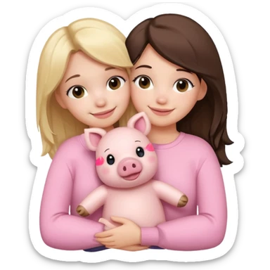 Girlfriends, blonde and brunette, hugging each other with a teddy bear and a little pig sticker