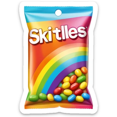 An extremely minimalist Skittles package, simple rainbow stripe design with a few green candies. Very clean and simplified. sticker